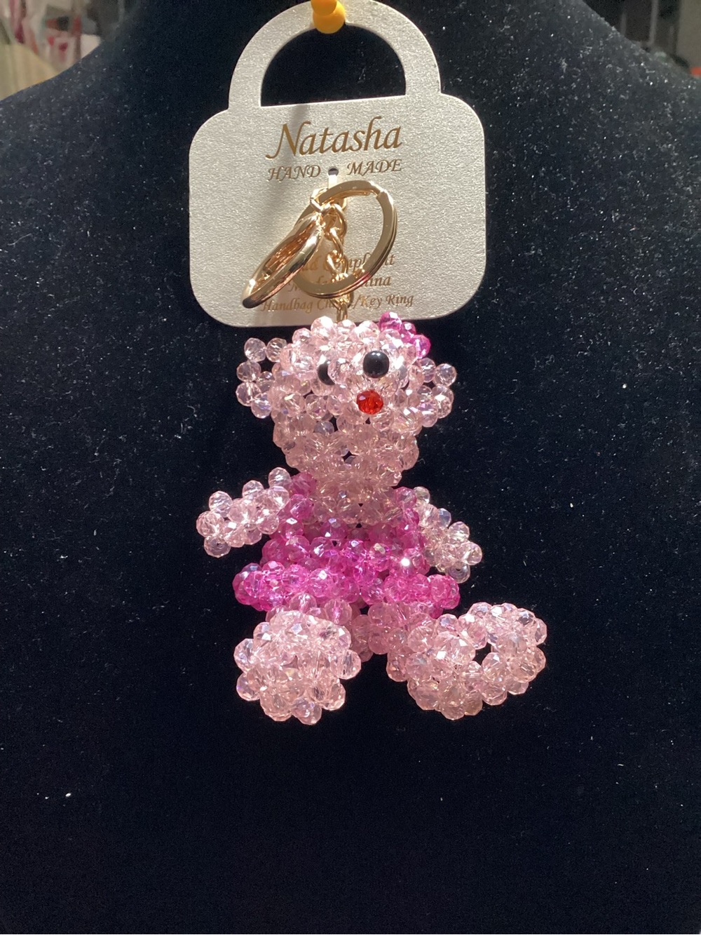 Natasha Couture Pink Beaded Teddy Bag Charm with Gold Ring